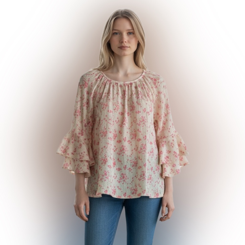 Chaps Cream and Pink Floral Blouse with Ruffle Sleeves